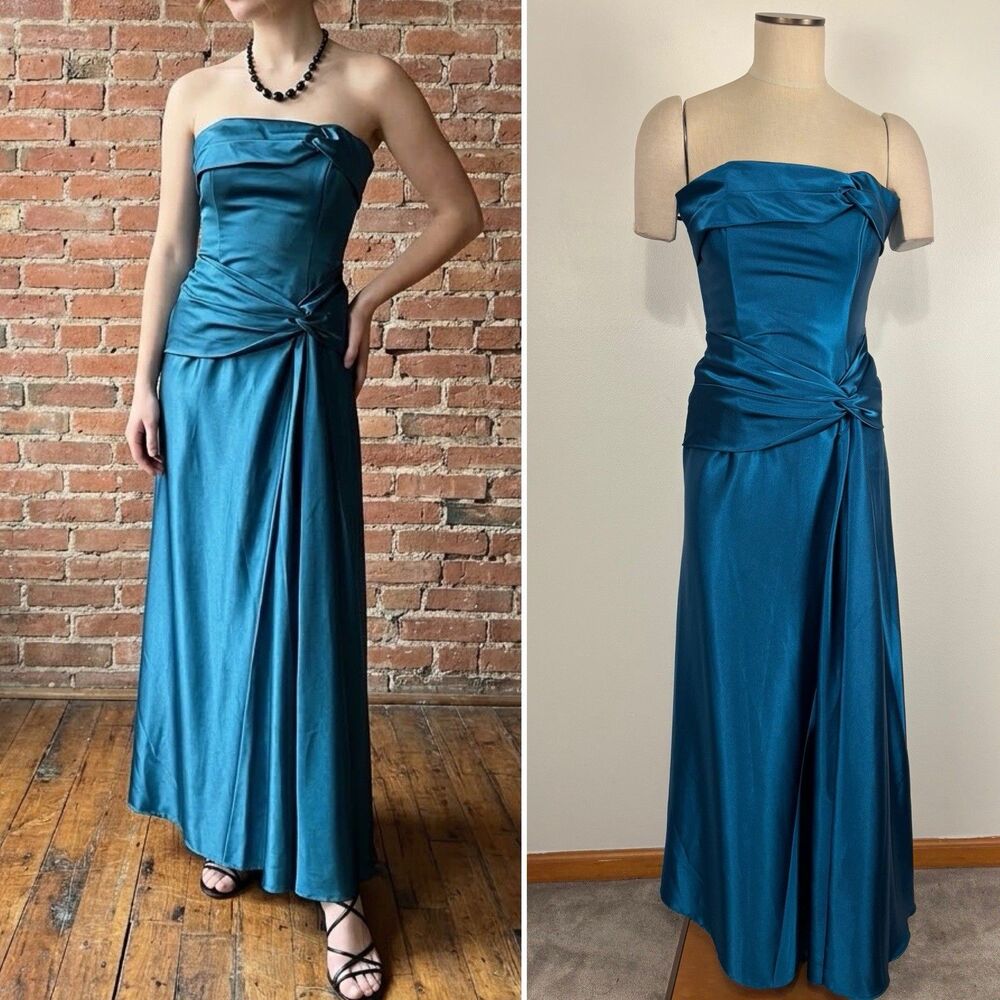 Vintage 90s Jessica McClintock Teal Blue Satin Strapless Evening Gown Dress Sz 6